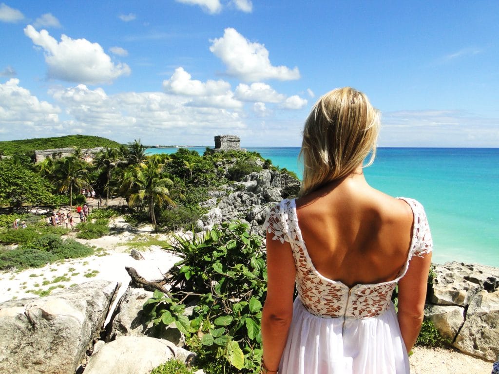 View over Maya Ruins and blue sea